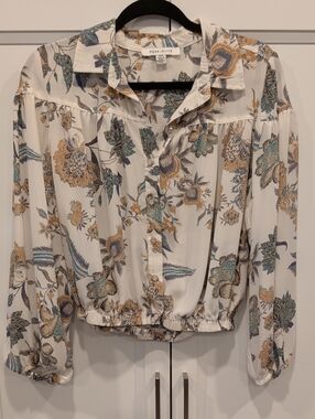 Rose & Olive Cream Floral Button-Up Blouse with Blue and Tan Accents M&S Vintage